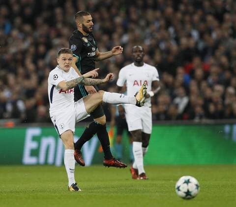 Kieran Trippier of Tottenham tackles Karim Benzema of Real Madrid during the Champions League Group H match at Wembley Stadium, London. Picture date: November 1st 2017. Picture credit should read: David Klein Sportimage EDITORIAL USE ONLY. No use with unauthorised audio, video, data, fixture lists, club league logos or live services. Online in-match use limited to 120 images, no video emulation. No use in betting, games or single club league player publications.