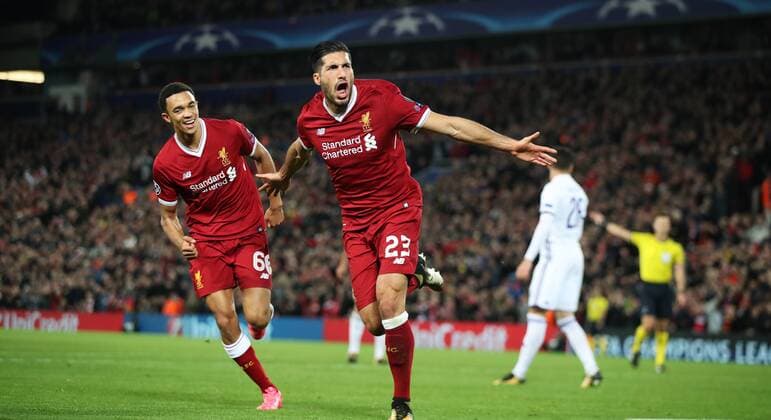 Football - 2017 2018 UEFA Champions League - Group E: Liverpool vs. NK Maribor Emre Can of Liverpool celebrates scoring at Anfield. COLORSPORT LYNNE CAMERON 