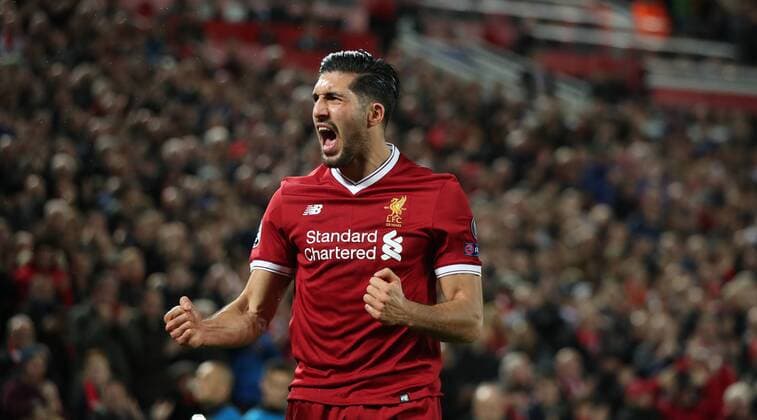 Football - 2017 2018 UEFA Champions League - Group E: Liverpool vs. NK Maribor Emre Can of Liverpool celebrates scoring at Anfield. COLORSPORT LYNNE CAMERON 