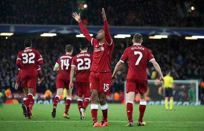 Football - 2017 2018 UEFA Champions League - Group E: Liverpool vs. NK Maribor Daniel Sturridge of Liverpool celebrates scoring at Anfield. COLORSPORT LYNNE CAMERON 