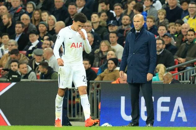 1st November 2017, Wembley Stadium, London, England; UEFA Champions League, Tottenham Hotspur versus Real Madrid; Real Madrid Manager Zinedine Zidane stares at Dele Alli of Tottenham Hotspur  ActionPlus11946951