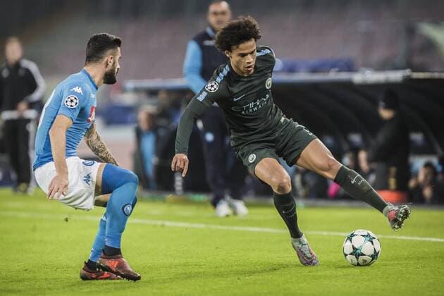 1st November 2017, Stadio San Paolo, Naples, Italy; UEFA Champions League, Napoli versus Manchester City; Midfielder Leroy Sane of Manchester City cuts inside against Defender Elseid Hysaj of Napoli  ActionPlus11946966