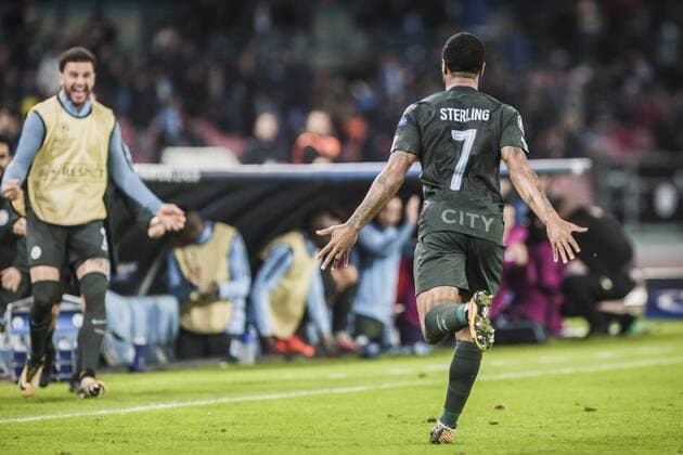 1st November 2017, Stadio San Paolo, Naples, Italy; UEFA Champions League, Napoli versus Manchester City; Midfielder Raheem Sterling of Manchester City celebrates the goal during the match  ActionPlus11946997