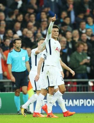 (171102) -- LONDON, Nov. 2, 2017 () -- Dele Alli (Front) of Tottenham Hotspur celebrates his first goal during the UEFA Champions League Group H match between Tottenham Hotspur and Real Madrid at Wembley Stadium in London, Britain on Nov. 1, 2017. Tottenham Hotspur won 3-1. () (SP)BRITAIN-LONDON-FOOTBALL-UEFA CHAMPIONS LEAGUE-GROUP H Xinhua 