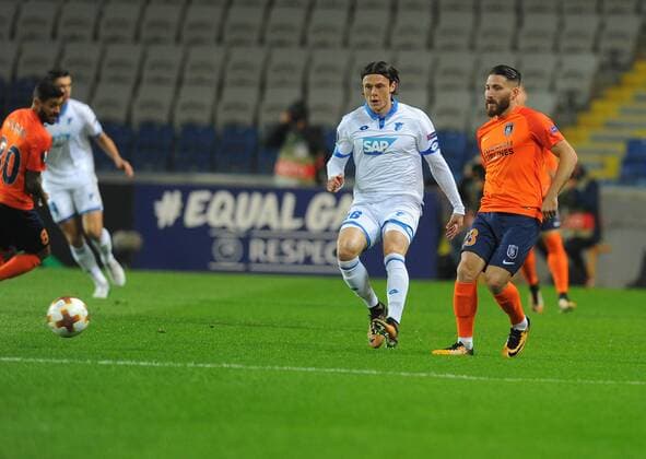 Tunay Torun (R) of Basaksehir and Nico Schulz 16 of Hoffenhein during the UEFA Europa League group C match between Istanbul Basaksehir and Hoffenheim at Basaksehir Fatih Terim Stadium in Istanbul, Turkey, on November 02, 2017. 