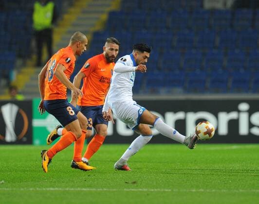 Gokhan Inler , Tunay Torun of Basaksehir and Nadiem Amiri (R) of Hoffenhein during the UEFA Europa League group C match between Istanbul Basaksehir and Hoffenheim at Basaksehir Fatih Terim Stadium in Istanbul, Turkey, on November 02, 2017. 