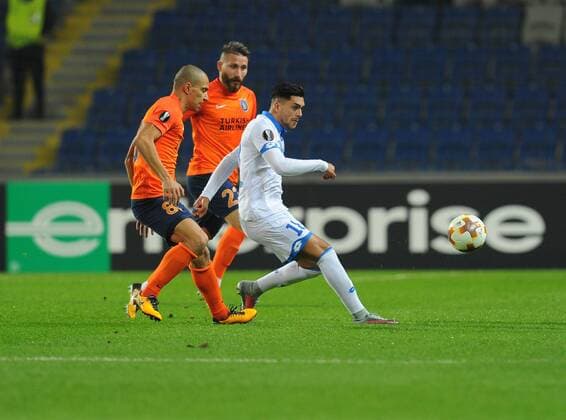 Gokhan Inler , Tunay Torun of Basaksehir and Nadiem Amiri (R) of Hoffenhein during the UEFA Europa League group C match between Istanbul Basaksehir and Hoffenheim at Basaksehir Fatih Terim Stadium in Istanbul, Turkey, on November 02, 2017. 