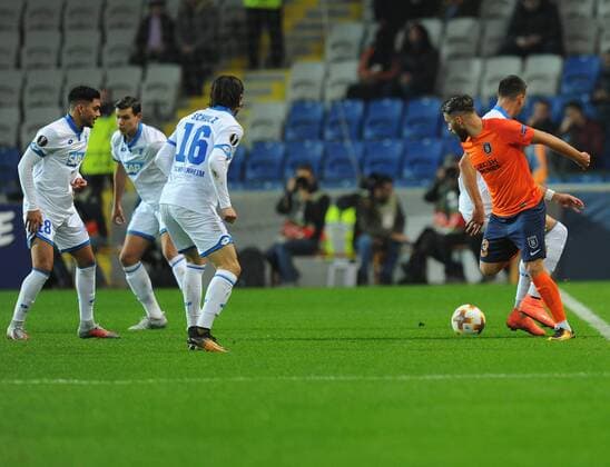 Tunay Torun of Basaksehir and Nadiem Amiri 18 , Nico Schulz 16 of Hoffenhein during the UEFA Europa League group C match between Istanbul Basaksehir and Hoffenheim at Basaksehir Fatih Terim Stadium in Istanbul, Turkey, on November 02, 2017. 