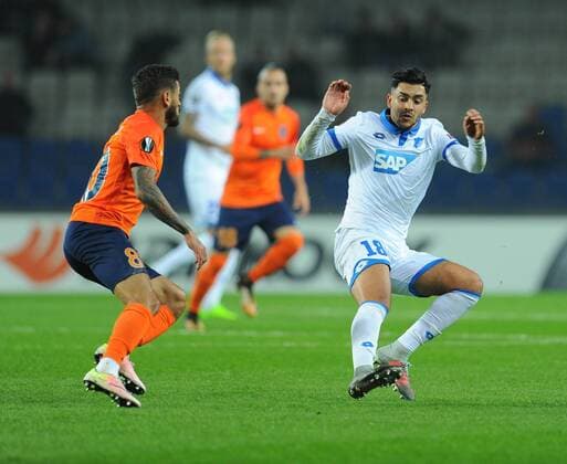Junior Caicara of Basaksehir and Nadiem Amiri 18 of Hoffenhein during the UEFA Europa League group C match between Istanbul Basaksehir and Hoffenheim at Basaksehir Fatih Terim Stadium in Istanbul, Turkey, on November 02, 2017. 