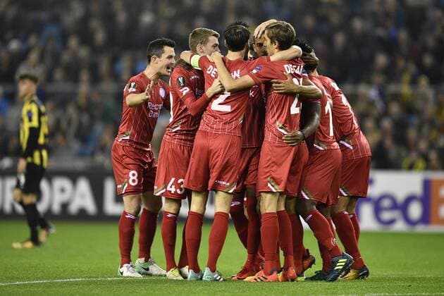 Essevee s Marvin Baudry celebrates after scoring during a soccer game between Dutch club SBV Vitesse and Belgian team SV Zulte Waregem, Thursday 02 November 2017 in Arnhem, The Netherlands, the fourth game of the group stage (Group K) of the UEFA Europa League competition. YORICKxJANSENS  x05193747x