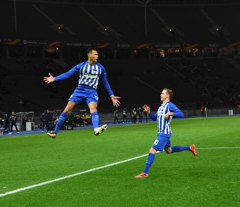 Bilder des Tages - SPORT Fussball, Herren, Saison 2017 2018, UEFA Europa League (Gruppe J, 4. Spieltag), Hertha BSC - Sorja Luhansk, Davie Selke (Hertha BSC), Ondrej Duda (Hertha BSC), Jubel nach Tor zum 1:0, 02.11. 2017, Copyright: xMatthiasxKochx