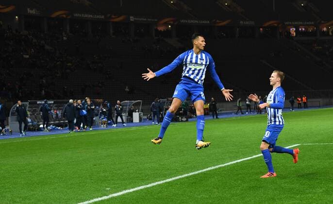 Fussball, Herren, Saison 2017 2018, UEFA Europa League (Gruppe J, 4. Spieltag), Hertha BSC - Sorja Luhansk, Davie Selke (Hertha BSC), Ondrej Duda (Hertha BSC), Jubel nach Tor zum 1:0, 02.11. 2017, Copyright: xMatthiasxKochx