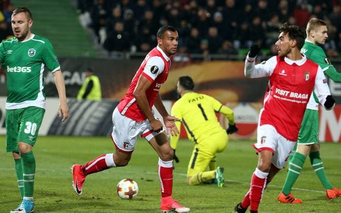 02.11.2017 Razgrad(Bulgaria) PFC Ludogorets-SC Braga Europa League men s football Fransergio(c) SC Braga scoring first goal for his team beside Cosmin Moti(L) PFC Ludogorets :Str 