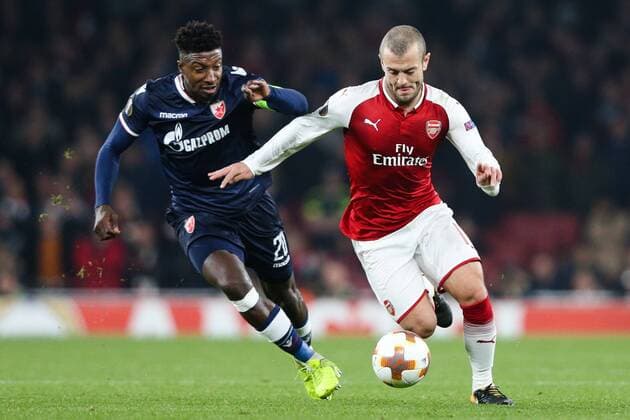 Jack Wilshere of Arsenal and FC Red Star BelgradeÕs Mitchell Donald during the UEFA Europa League Group H match at the Emirates Stadium, London. Picture date: 2nd November 2017.Pic credit should read: Charlie Forgham-Bailey Sportimage EDITORIAL USE ONLY. No use with unauthorised audio, video, data, fixture lists, club league logos or live services. Online in-match use limited to 120 images, no video emulation. No use in betting, games or single club league player publications.