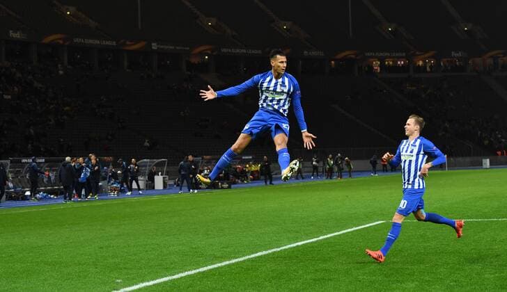 Fussball, Herren, Saison 2017 2018, UEFA Europa League (Gruppe J, 4. Spieltag), Hertha BSC - Sorja Luhansk, Davie Selke (Hertha BSC), Ondrej Duda (Hertha BSC), Jubel nach Tor zum 1:0, 02.11. 2017, Copyright: xMatthiasxKochx