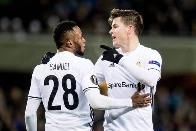 171102 Samuel Adegbenro and Pal Andre Helland of Rosenborg during the UEFA Europa League match between Rosenborg and FK Zenit St. Petersburg on November 2, 2017 in Trondheim. Photo: Jon Olav Nesvold BILDBYRN kod JE 160066  Copyright: JONxOLAVxNESVOLD BB171102ZP001