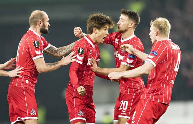 Köln, 02.11.2017 Torjubel: , Konstantin Rausch (Köln), Yuya Osako (Köln), Salih Özcan (Köln), Frederik Sörensen (Köln) 1. FC Köln - Bate Borisov