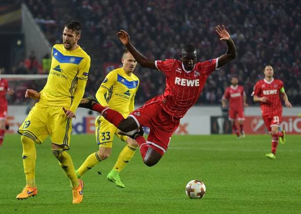 02.11.2017, xjpx, Fussball Europa League, 1.FC Koeln - BATE Baryssau, emspor v.l. Foul von Nemanja Milunovic (Borisov) an Sehrou Guirassy (Koeln) Koeln