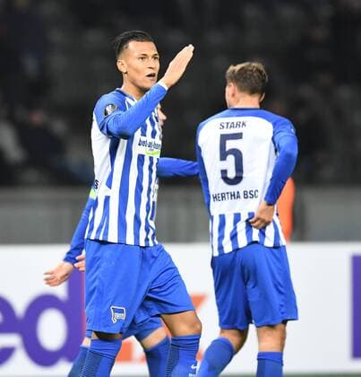 Fussball, Herren, Saison 2017 2018, UEFA Europa League (Gruppe J, 4. Spieltag), Hertha BSC - Sorja Luhansk, Davie Selke (Hertha BSC), Niklas Stark (Hertha BSC), Jubel nach Tor zum 2:0, 02.11. 2017, Copyright: xMatthiasxKochx