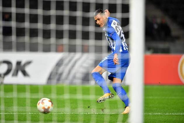 Davie Selke (Hertha BSC), erzielt hier das 2:0 Hertha BSC Berlin - Sorja Luhansk Europa League, Gruppenphase, 1. Spieltag, Fußball, Fussball, soccer, Herren, Männer, Maenner, Deutschland, Germany Berlin, 2.11.2017, Olympiastadion