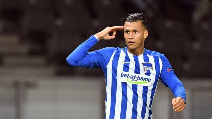 Davie Selke (Hertha BSC), jubelt nach seinem Tor zum 2:0 Hertha BSC Berlin - Sorja Luhansk Europa League, Gruppenphase, 1. Spieltag, Fußball, Fussball, soccer, Herren, Männer, Maenner, Deutschland, Germany Berlin, 2.11.2017, Olympiastadion