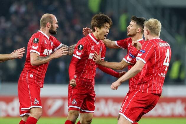 Bilder des Tages - SPORT Yuya Osako (FC Koeln 13) erzielt das Tor zum 2:2 Ausgleich, Konstantin Rausch (FC Koeln 34), Christian Clemens (FC Koeln 17), Frederik Soerensen (FC Koeln 4) 1. FC Koeln - BATE Borisov Koeln Copyright: xEIBNER BenjaminxHornx EP_BHN