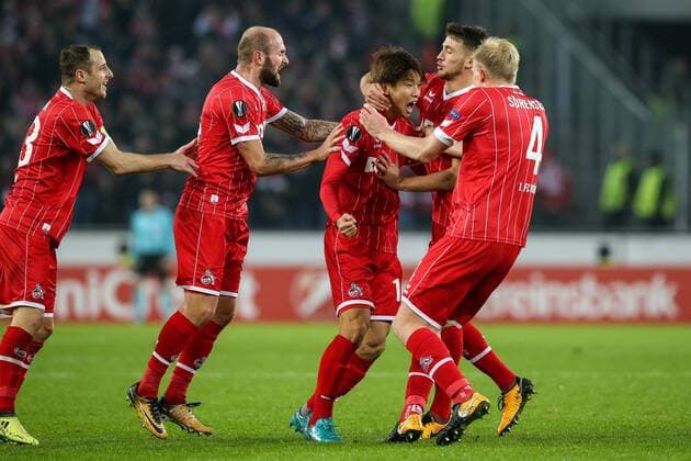 Yuya Osako (FC Koeln 13) erzielt das Tor zum 2:2 Ausgleich, Konstantin Rausch (FC Koeln 34), Christian Clemens (FC Koeln 17), Frederik Soerensen (FC Koeln 4) 1. FC Koeln - BATE Borisov Koeln Copyright: xEIBNER BenjaminxHornx EP_BHN
