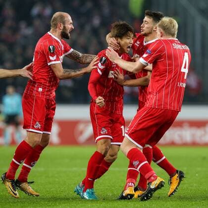 Yuya Osako (FC Koeln 13) erzielt das Tor zum 2:2 Ausgleich, Konstantin Rausch (FC Koeln 34), Christian Clemens (FC Koeln 17), Frederik Soerensen (FC Koeln 4) 1. FC Koeln - BATE Borisov Koeln Copyright: xEIBNER BenjaminxHornx EP_BHN