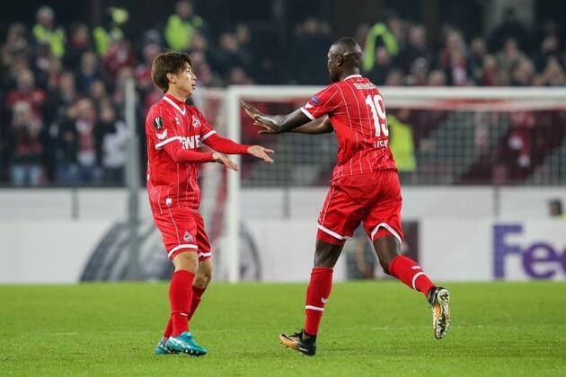 Yuya Osako (FC Koeln 13) erzielt das Tor zum 2:2 Ausgleich, Sehrou Guirassy (FC Koeln 19), Dominique Heintz (FC Koeln 3) 1. FC Koeln - BATE Borisov Koeln Copyright: xEIBNER BenjaminxHornx EP_BHN