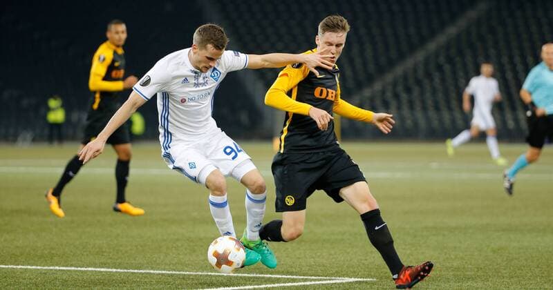 02.11.2017 Stade de Suisse Bern , SCHWEIZ , Saison 2017 2018 Herren Fussball Europa League BSC Young Boys Bern - Dynamo Kiew Tomasz Kedziora (li,Kiew) gegen Michel Aebischer (Young Boys)