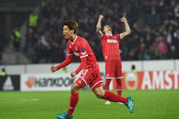 Fussball, Herren, UEFA Europa pokal , Saison 2017 2018, FC Koeln vs FC BATE Borisov , 02.11.2017, Rheinenergiestadion, Köln, Yuya Osako, Simon Zoller beide FC Koeln,Torjubel ,