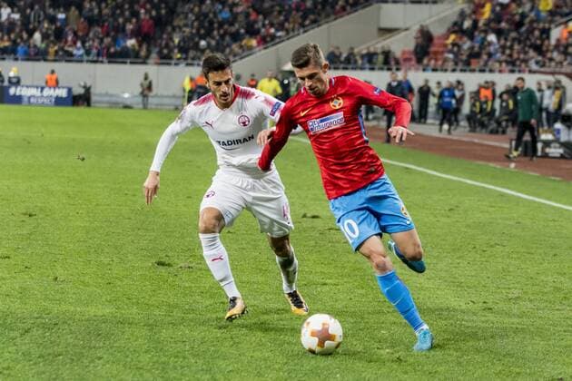 November 3, 2017: Hatem Elhamed 44 (Hapoel Beer-Sheva) and Florin Tanase 10 (FCSB Bucharest) during the UEFA Europa League 2017-2018, Group Stage, Groupe G game between FCSB Bucharest (ROU) and Hapoel Beer-Sheva FC (ISR) at National Arena Stadium, Bucharest, Romania ROU.  Copyright: xCronos CatalinxSoarex cronoscs3112017113444
