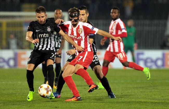 02.11.2017 Belgrade(Serbia) FK Partizan-KF Skenderbeu Europa League men s football Zoran Tosic(L) FK Partizan,Enis Gavazaj(r) Skenderbeu : 