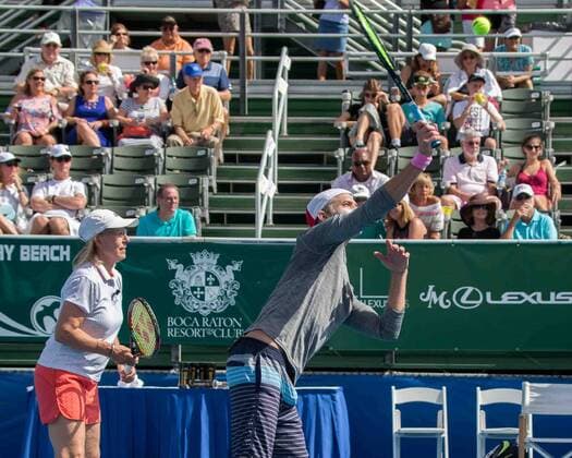 November 4, 2017 - Delray Beach, Florida, US - Actor TIMOTHY OLYPHANT and Tennis Legend MARTINA NAVRATILOVA in action on court at the Delray Beach Stadium and Tennis Center in Florida during the 2017 Chris Evert Raymond James Pro-Celebrity Tennis Classic. Chris Evert Charities has raised more than $23 million in an ongoing campaign for Florida s most at-risk children. Navratilova & Olyphant at 2017 Chris Evert Pro-Celebrity Ternnis Classic - ZUMAd84_ 20171104_zaf_d84_052 Copyright: xArnoldxDrapkinx