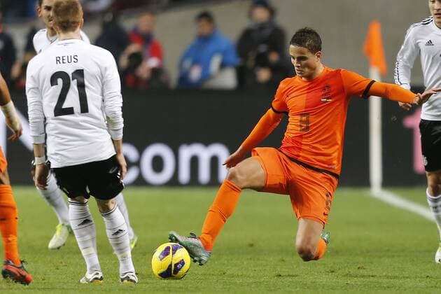 AMSTERDAM - Nederland - Duitsland , Voetbal , oefenwedstrijd , seizoen 2012-2013 , 14-11-2012 , Arena , Nederlands elftal speler Ibrahim Afellay (r) met Duits elftal speler Marco Reus (l). nederland - duitsland *** AMSTERDAM Netherlands Germany Football practice match 2012 2013 14 11 2012 Arena Dutch team player Ibrahim Afellay r with German elftal player Marco Reus l Netherlands Germany 