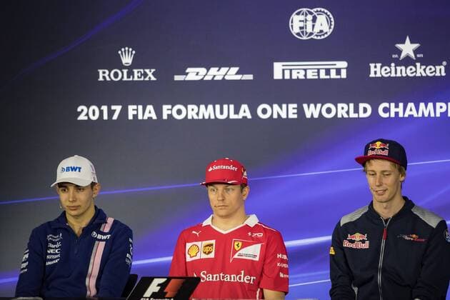 November 9, 2017 - Sao Paulo, Sao Paulo, Brazil - From left, to right, ESTEBAN OCON, KIMI RAIKKONEN and BRENDON HARTLEY, during the FIA press conference PK Pressekonferenz for the Formula One Grand Prix of Brazil at Interlagos circuit, in Sao Paulo, Brazil. The grand prix will be celebrated next Sunday, November 12. Formula One Grand Prix of Brazil 2017 press conference - ZUMAl146 20171109_zaf_l146_012 Copyright: xPauloxLopesx