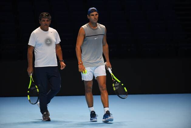 November 10, 2017 - London, England, United Kingdom - Rafael Nadal of Spain (R) and Toni Nadal speak during a training session prior to the Nitto ATP Tennis Herren World Tour Finals at O2 Arena, London on November 10, 2017. ATP World Tour Finals Practice  - ZUMAn230 20171110_zaa_n230_093 Copyright: xAlbertoxPezzalix