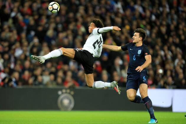 10th November 2017, Wembley Stadium, London, England; International football friendly, England versus Germany; Leroy Sane of Germany attempts to control the ball in mid-air covered by Harry Maguire of England  ActionPlus11949209