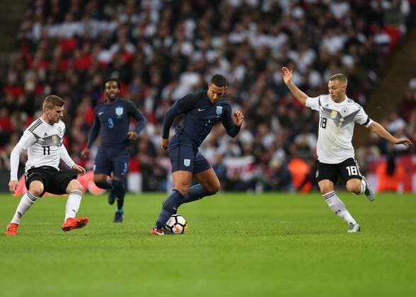 10th November 2017, Wembley Stadium, London, England; International football friendly, England versus Germany; Jake Livermore of England in action with Joshua Kimmich of Germany and Timo Werner of Germany marking the England player  ActionPlus11949215
