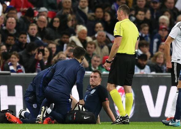 10th November 2017, Wembley Stadium, London, England; International football friendly, England versus Germany; Phil Jones of England is treated on the pitch and eventually subbed off for Joe Gomez of England  ActionPlus11949217