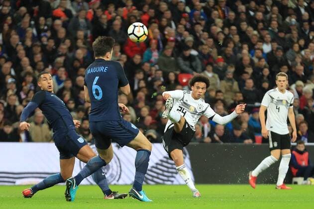 10th November 2017, Wembley Stadium, London, England; International football friendly, England versus Germany; Leroy Sane of Germany shoots and hits the cross bar  ActionPlus11949229