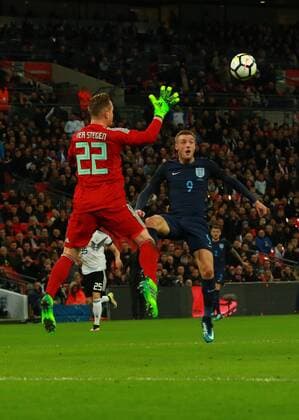 Marc-Andre ter Stegen goalkeeper of Germany forces Jamie Vardy of England to miss a chance at the end of the first half at the England v Germany friendly international at Wembley Stadium, London, on November 10, 2017. 