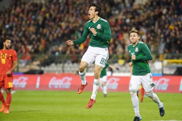 Mexico s Hirving Lozano celebrates after scoring during a friendly soccer game between Belgian national team Nationalteam Red Devils and Mexico, Friday 10 November 2017, in Brugge. BRUNOxFAHY  x05198083x