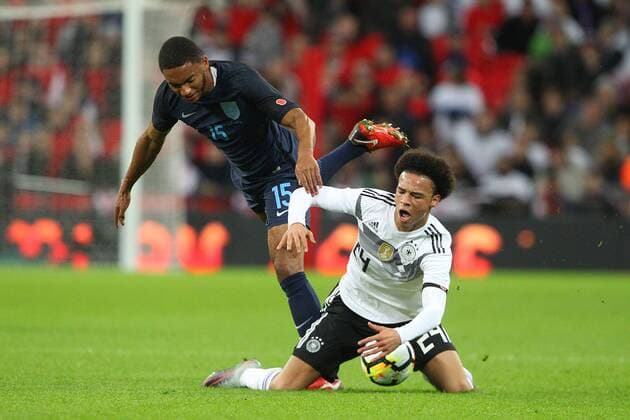 England v Germany International Friendly L?nderspiel Joe Gomez of England and Leroy Sane of Germany in action during the International Friendly match at Wembley Stadium, London Content Not Available For UK Newspapers Copyright: xPaulxChestertonx FIL-10924-0019