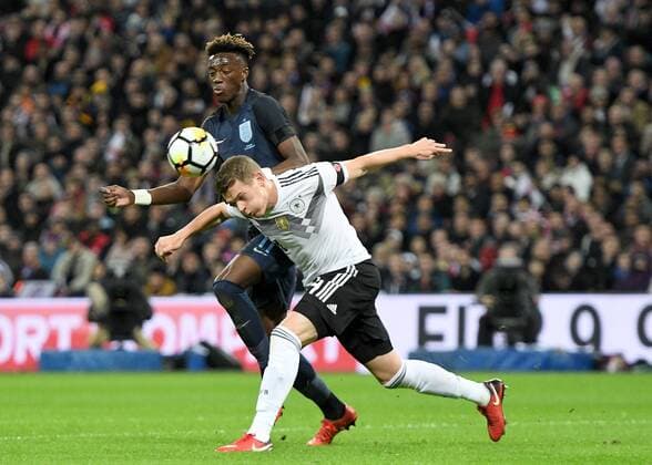 Tammy Abraham of England battles with Joshua Kimmich of Germany during the International Friendly Länderspiel match between England and Germany at Wembley Stadium, London, England on 10 November 2017. Copyright: xVincexMignottx 17650014