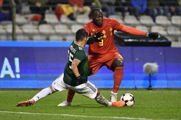 Mexico s Hector Moreno and Belgium s Romelu Lukaku pictured in action during a friendly soccer game between Belgian national team Nationalteam Red Devils and Mexico, Friday 10 November 2017, in Brugge. DIRKxWAEM  x05198105x