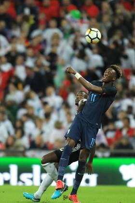 10th November 2017, Wembley Stadium, London, England; International football friendly, England versus Germany; Tammy Abraham of England battles to win a header against Antonio R& xfc;diger of Germany  ActionPlus11949255
