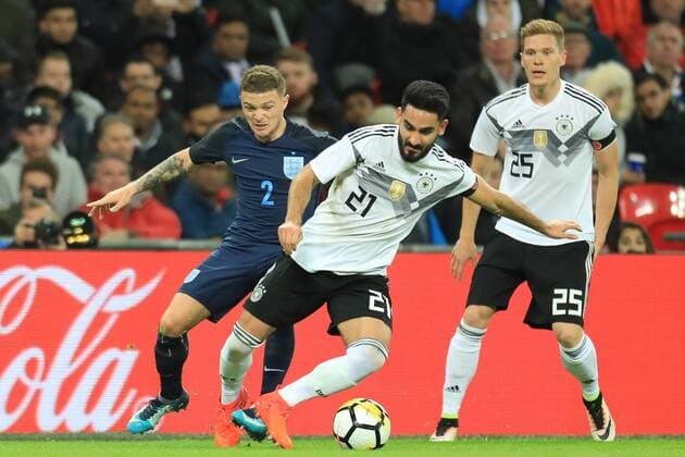 10th November 2017, Wembley Stadium, London, England; International football friendly, England versus Germany; Ilkay Gundogan of Germany is under pressure from Kieran Trippier of England  ActionPlus11949263