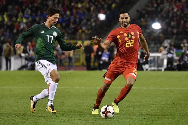Mexico s Jurgen Damm and Mexico s Jesus Gallardo pictured in action during a friendly soccer game between Belgian national team Nationalteam Red Devils and Mexico, Friday 10 November 2017, in Brugge. DIRKxWAEM  x05198140x
