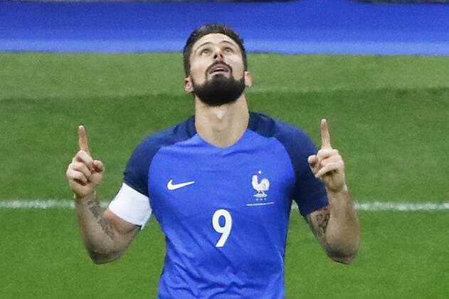 Fußball, Frankreich - Wales Olivier Giroud (FRA) inscrit le second but, joie FOOTBALL : France vs Pays de Galles - Match Amical International - 10 11 2017 StephaneAllaman Panoramic 